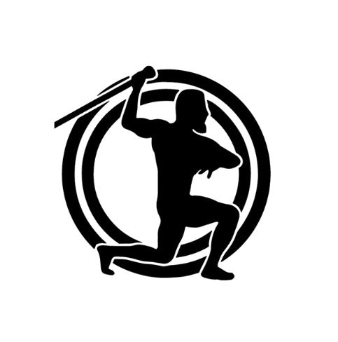 Black silhouette of a person holding a steel mace flow within a circular design on a white background